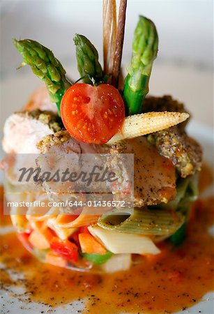 Stylized vegetable tuna pasta plate