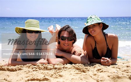Two women and a man on the beach