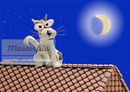 Dog on a roof in moonlit night
