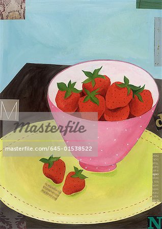 A bowl of strawberries on a placemat on a table