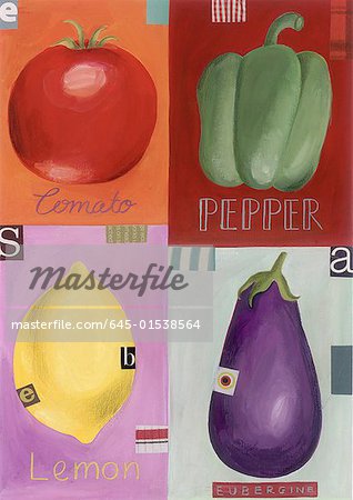 A tomato, a pepper, a lemon, and an eggplant
