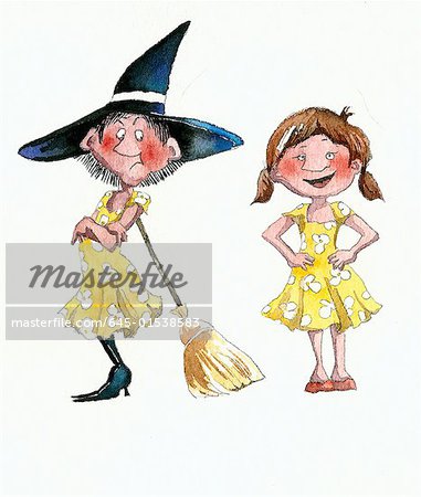 Witch jealously copying little girl, wearing the same dress