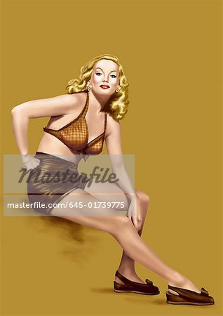 Blonde pinup girl in brown lingerie