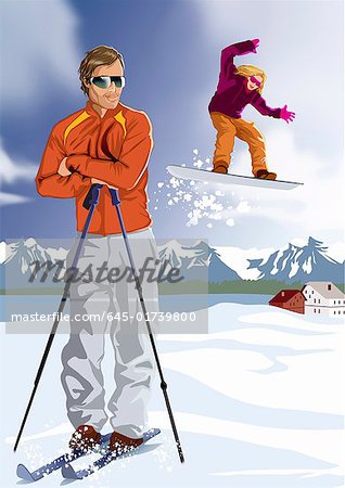 Man with skis resting with snowboarder in the background
