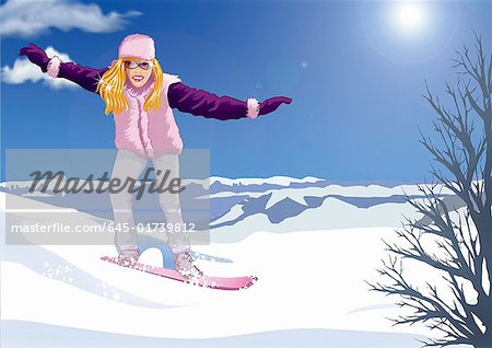 Blonde woman snowboarding