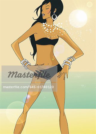 Woman on beach with bikini and jewelry