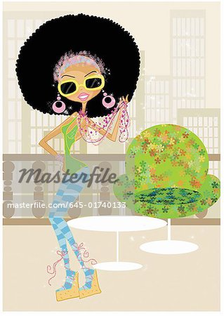 Funky woman in an afro on a terrace