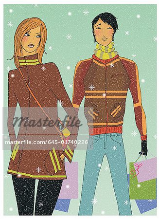 Young couple on a shopping trip in the snow