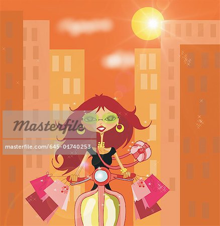 Woman riding her Vespa with shopping bags