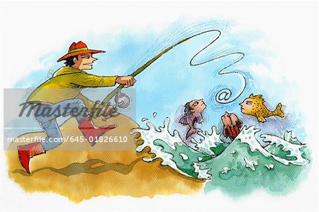 Fisherman catching fish with human heads - Stock Photo - Masterfile -  Premium Royalty-Free, Code: 645-01826610