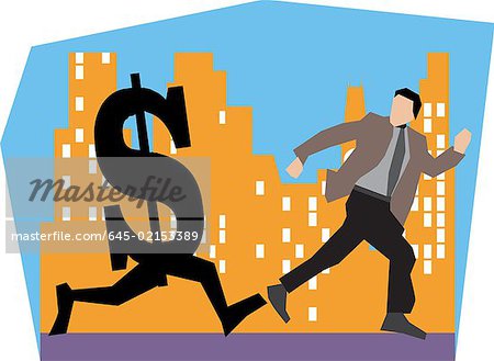 Businessman running with dollar by buildings