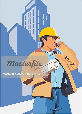 Construction worker talking on a mobile phone