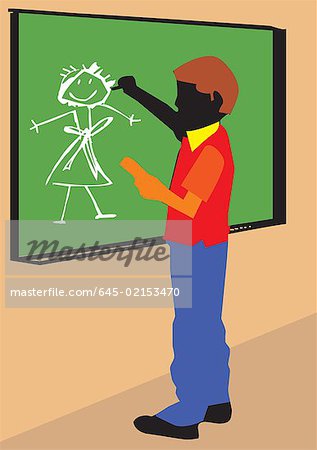 Side view of a boy making drawing on board