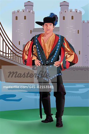 Front view of a european man standing by the castle