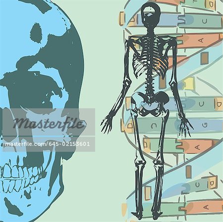 Collage with human skeleton and science elements
