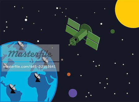 Satellite dishes with earth and stars