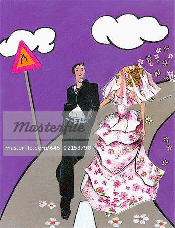 Bride and groom walking down a road