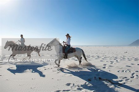 2 people riding horses in the sand