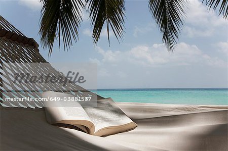 Open book in hammock on beach