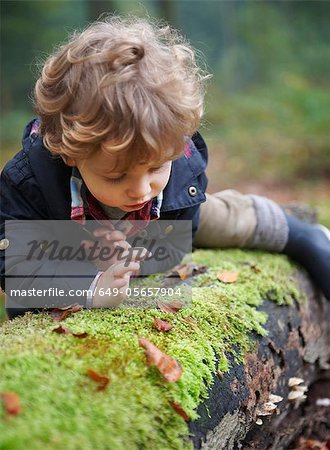 Toddler climbing on mossy log in park