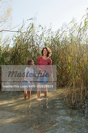 Mother and daughter walking in pond
