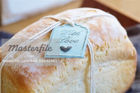 Close up of tag on fresh baked bread