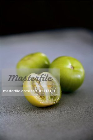 Close up of halved tomatillo