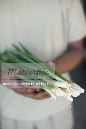 Close up of hands holding green onions