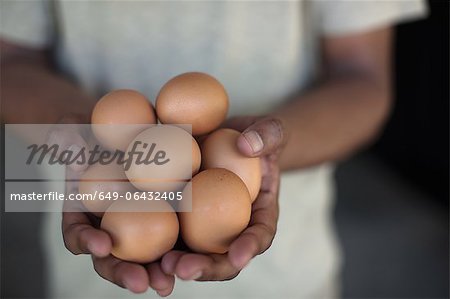 Close up of hands holding eggs