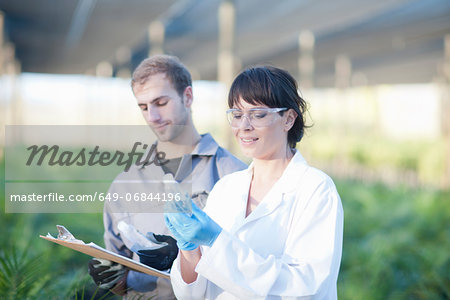 Scientist and worker in plant nursery, looking at bottles