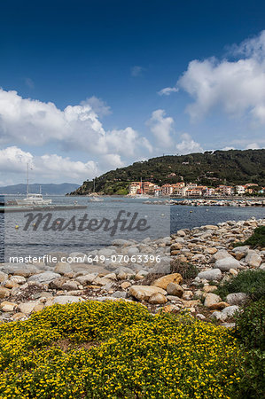 View of Marciana town from shoreline, Elba Island, Italy