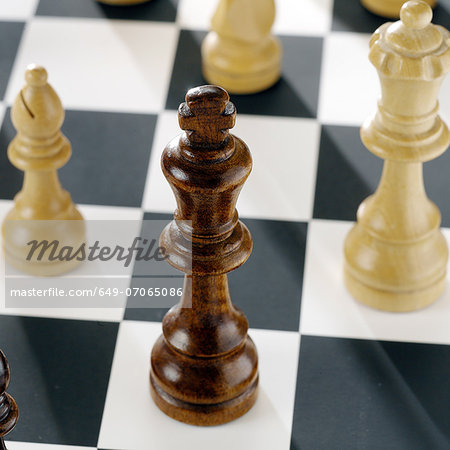 Close up of chess pieces on board
