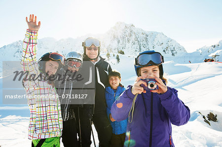 Portrait of skiing family, Les Arcs, Haute-Savoie, France