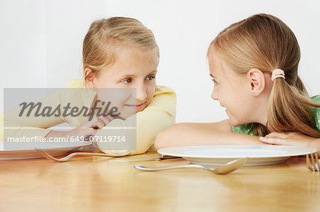 Two girls leaning on table with empty plates