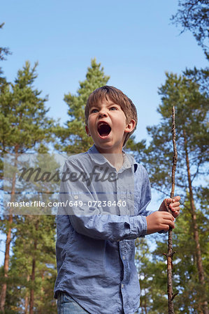 Boy standing in forest, holding stick, mouth open shouting