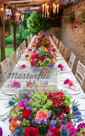 Elevated view of long table at wedding reception