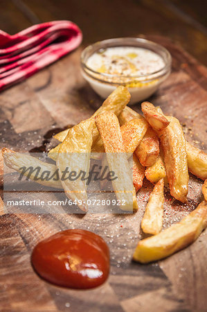 Still life of potato fries, ketchup and dip