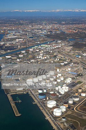 Aerial view of industrial port area, Venice, Italy