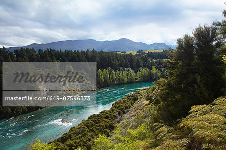 Scenic view of river, forest and mountains, New Zealand