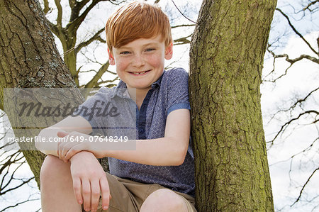 Portrait of boy sitting in tree