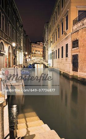 Canal steps at night, Venice, Veneto, Italy