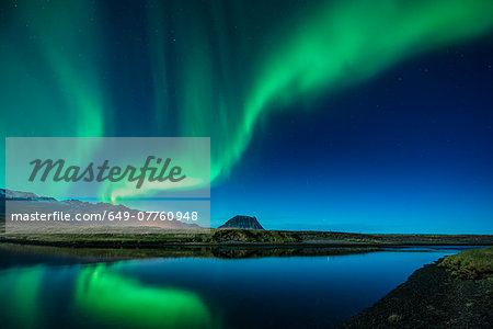 Aurora Borealis above Grundarfjordur, Mt. Kikjufell in centre, Snaefellsnes, Iceland