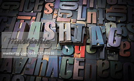 Letterpress letters spelling the word Hashtag