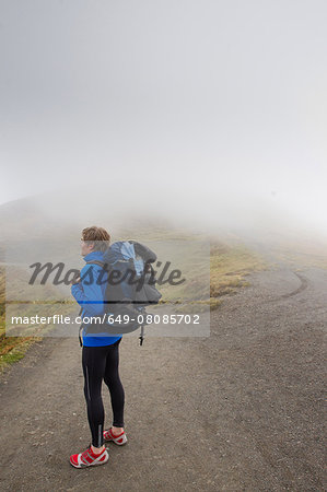 Male hiker looking out over misty landscape, Grindelwald, Switzerland