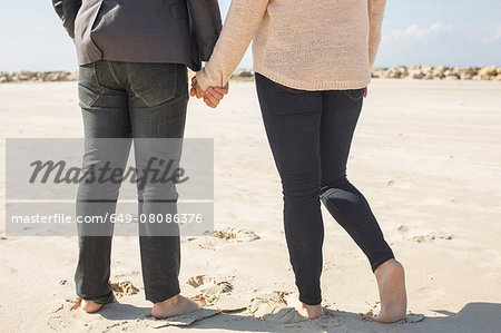 Cropped rear view of barefoot young couple on beach, Tel Aviv, Israel