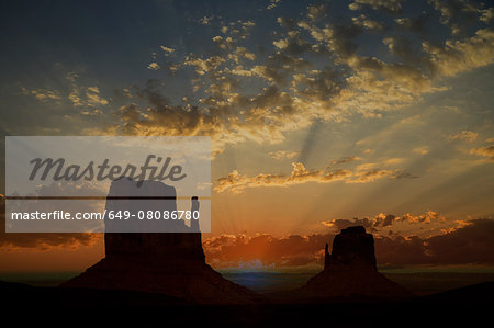 Sunset over the West Mitte and East Mitte, Monument Valley Navajo Tribal Park, Arizona, USA