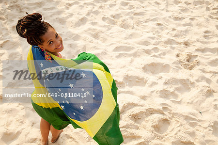 Overhead Portrait Of Young Woman Wrapped In Brazilian Flag Ipanema Beach Rio De Janeiro Brazil Stock Photo Masterfile Premium Royalty Free Code 649