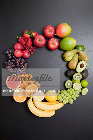 Overhead still life of variety of fresh fruit in circle