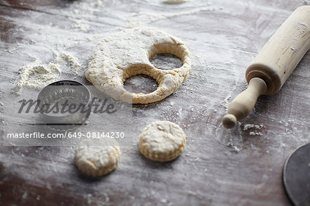 Baking preparation with scone dough and pastry cutters