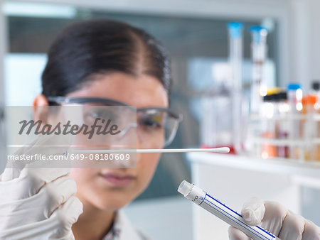 Female scientist extracting DNA sample swab for genetic tests in laboratory